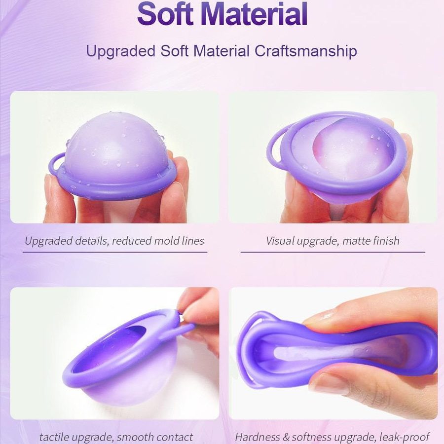 Close-ups of the soft, flexible purple silicone disc held in hand
