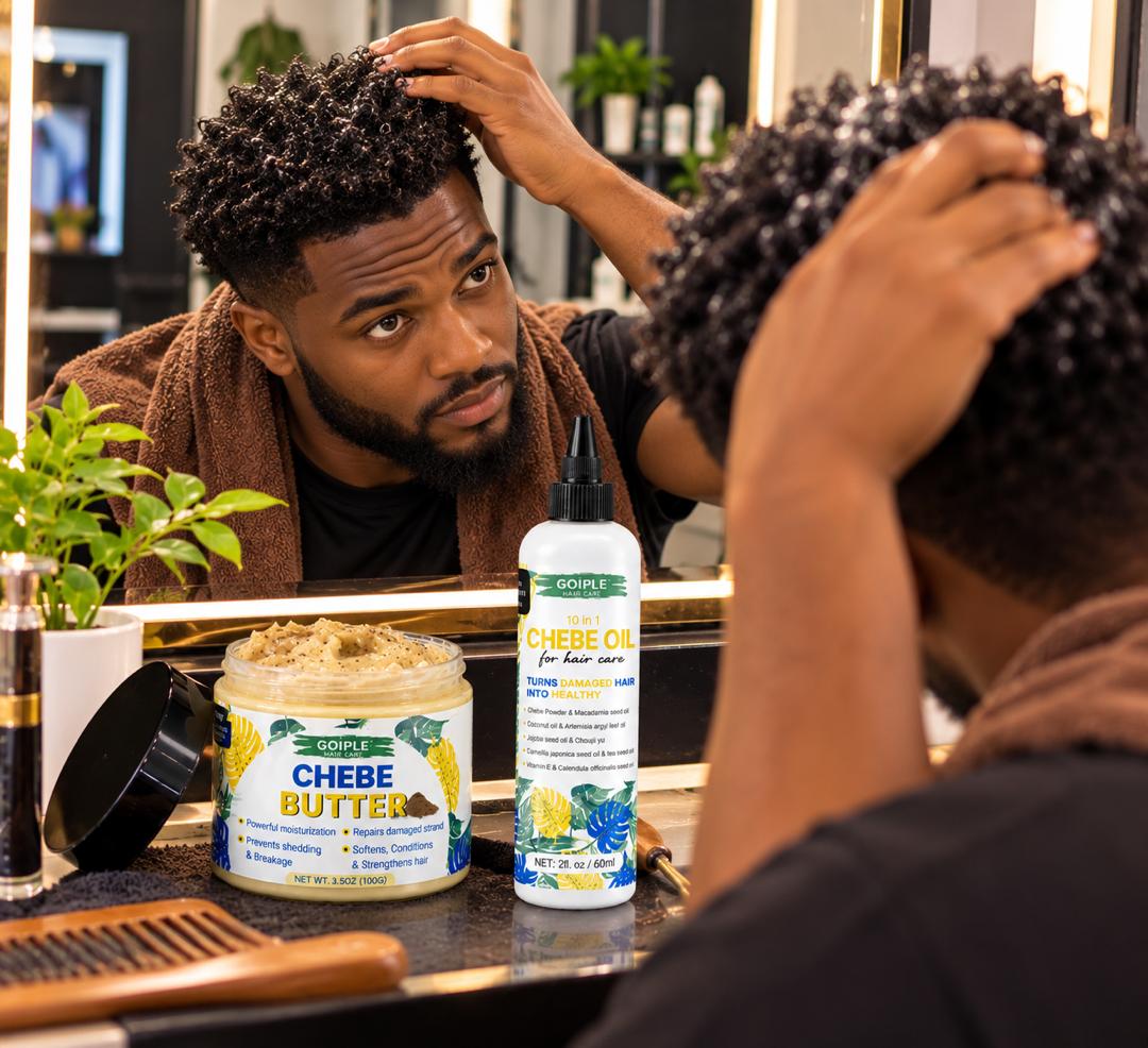 Man with curly hair and Goiple Chebe Oil and Butter at the mirror