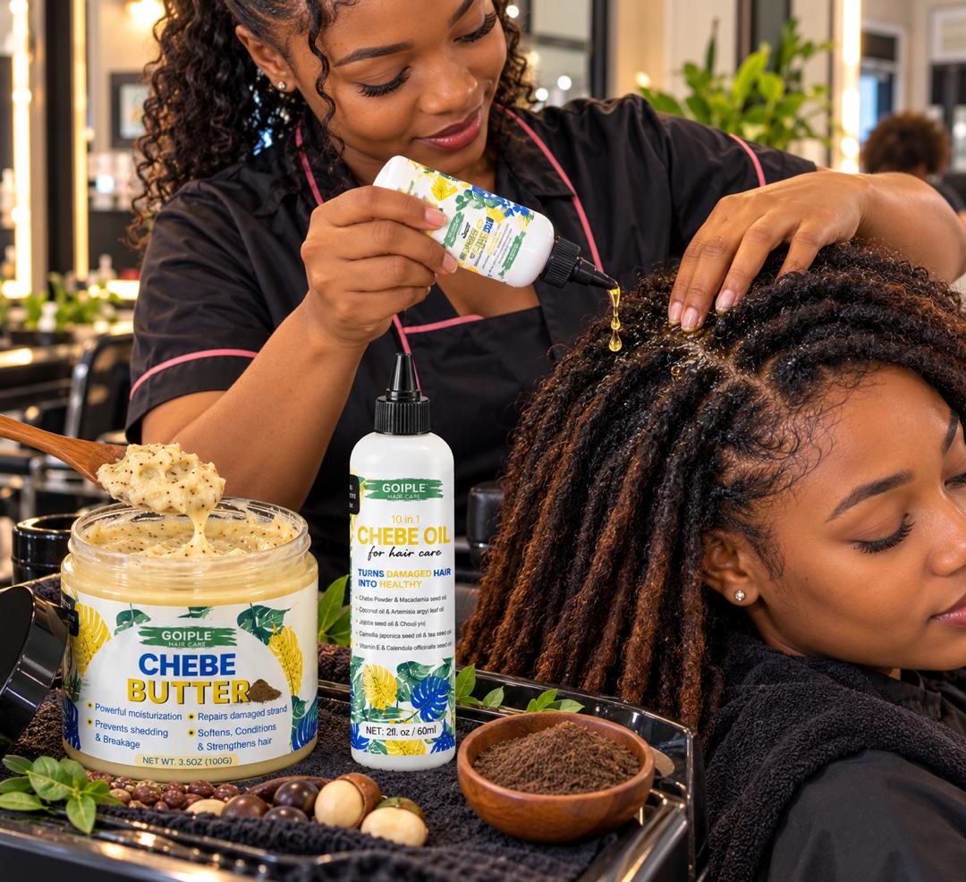Stylist applying Goiple Chebe Oil to the scalp, with Chebe Butter beside