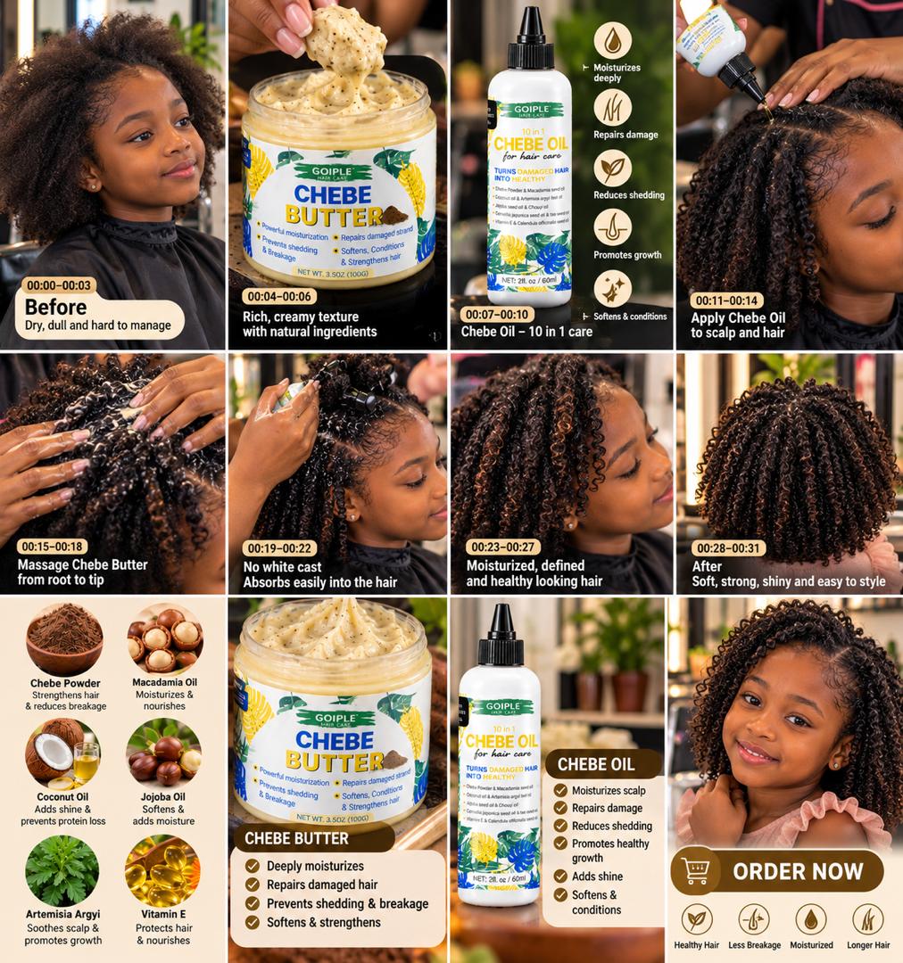 Step-by-step Goiple Chebe routine, from dry hair before to soft defined hair after