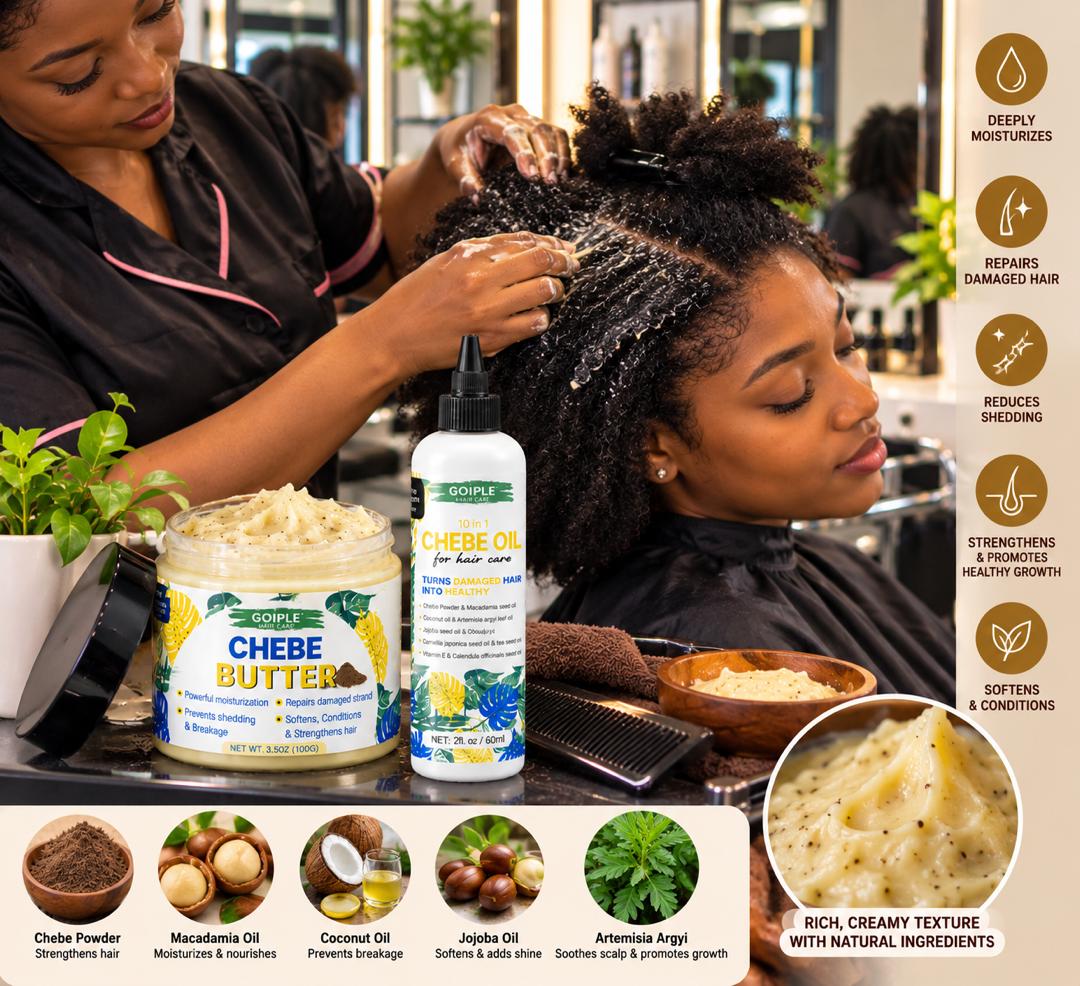 Goiple Chebe Butter being applied in a salon, with benefits and key ingredients