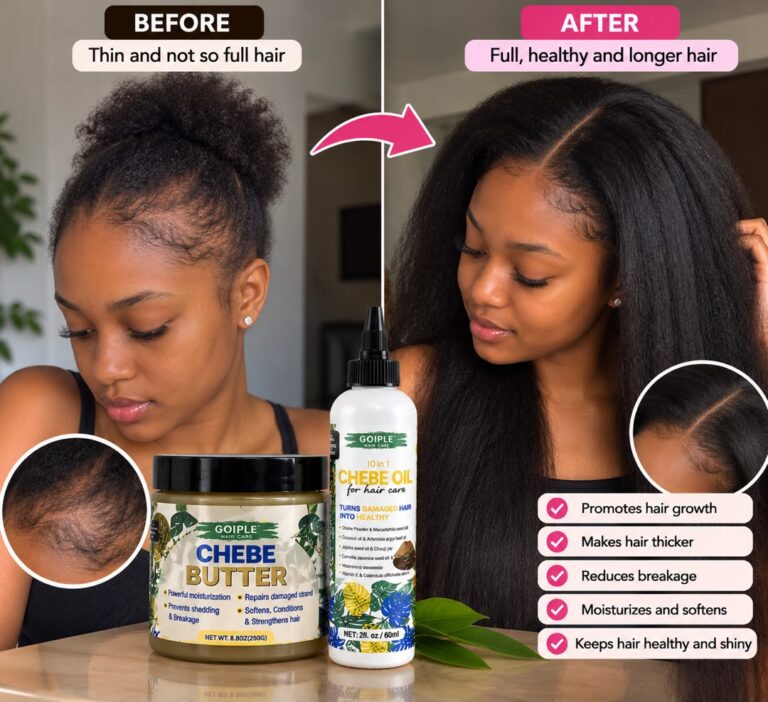 Illustration: thin hair before and fuller hair after using Goiple Chebe Butter and Oil