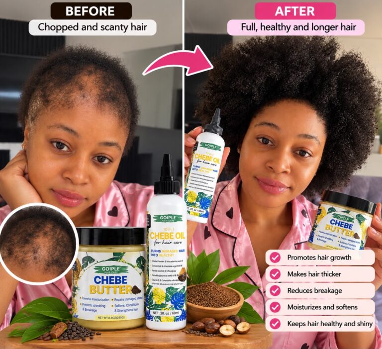 Illustration: chopped hair before and fuller hair after using Goiple Chebe Butter and Oil
