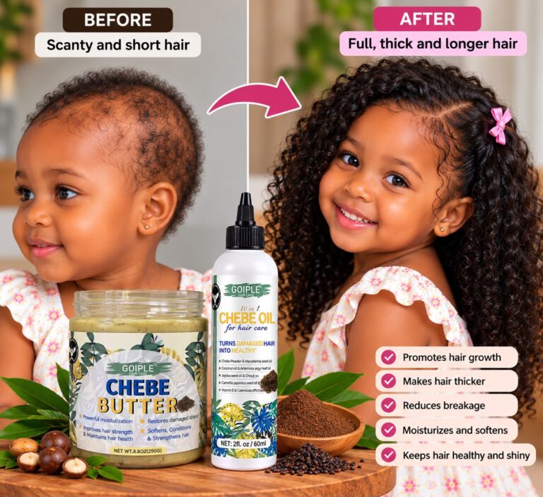 Illustration: little girl hair before and after using Goiple Chebe Butter and Oil