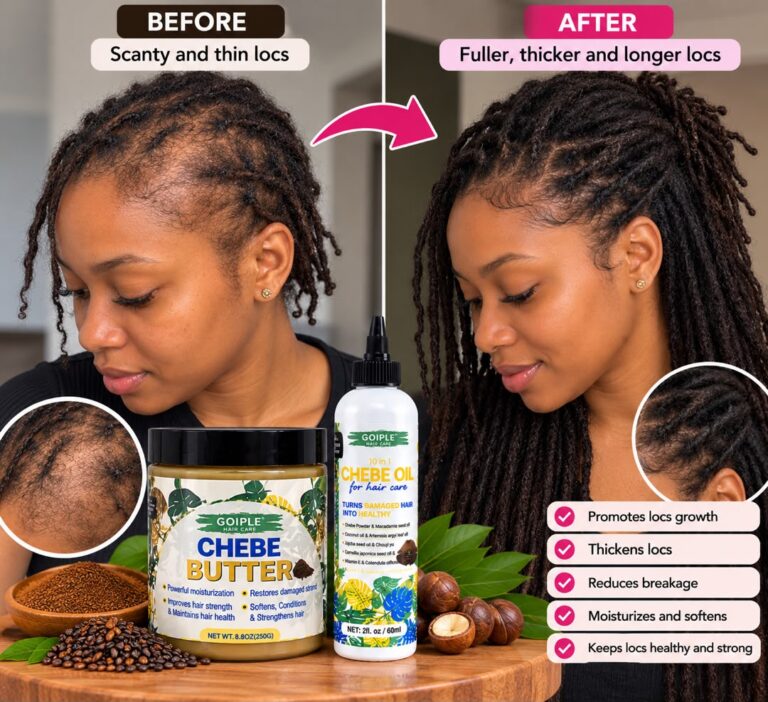 Illustration: thin locs before and fuller locs after using Goiple Chebe Butter and Oil